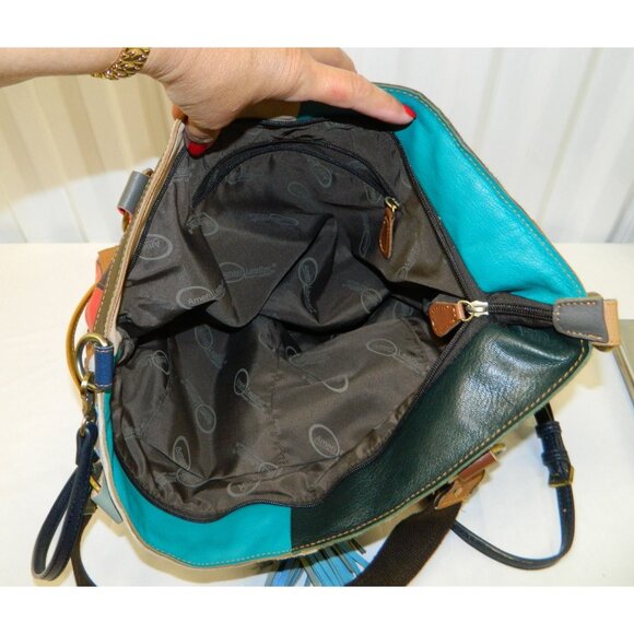 Amerileather Multicolor Lg Leather Tote Bag Colorful Patchwork Tassels Adj Strap - Picture 13 of 16